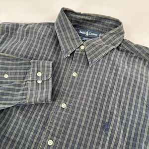 Ralph Lauren Yarmouth Mens 17 1/2 Blue Green Plaid Button Down Long Sleeve Shirt